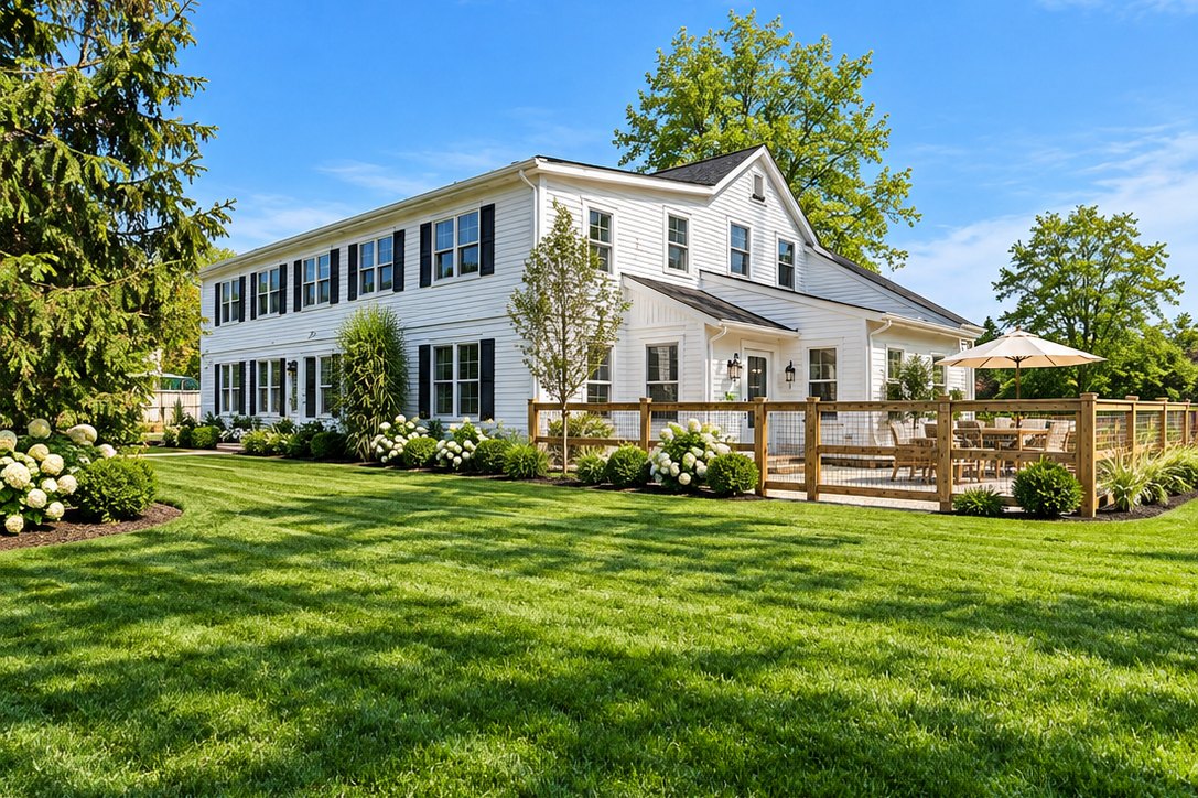 White two-story apartment house with black shutters, a fenced patio and a green lawn