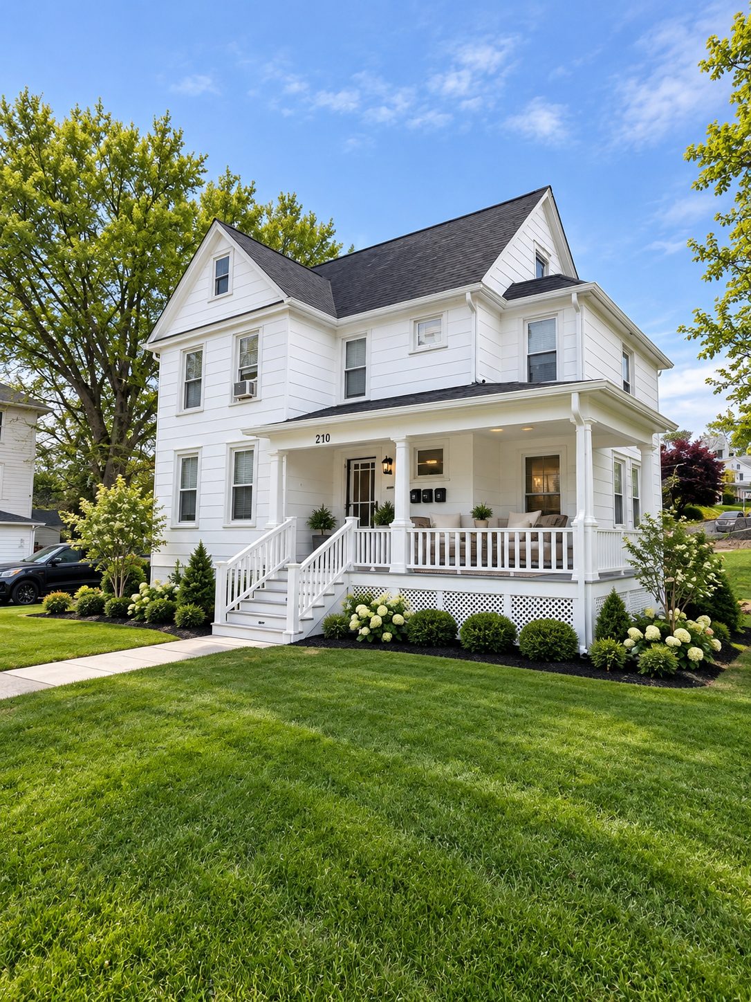 White two-story house with a wraparound front porch
